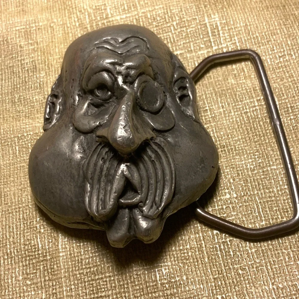 Face belt buckle bald man monocle Vintage pewter Indiana Metal Craft